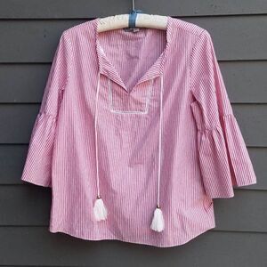 Mark New York Andrew Marc Red White Striped Peasant Shirt Medium